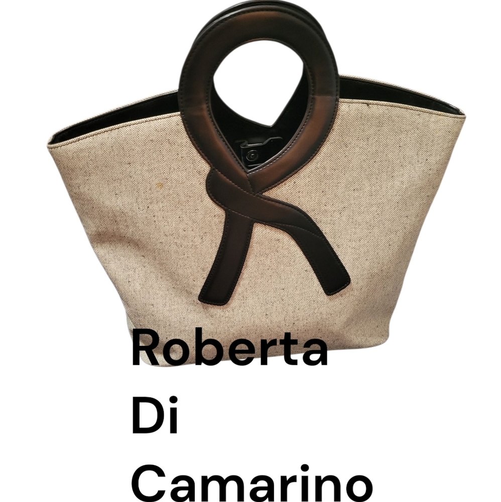 Vintage Roberta Di Camerino Black Leather And Coated Linen Handbag